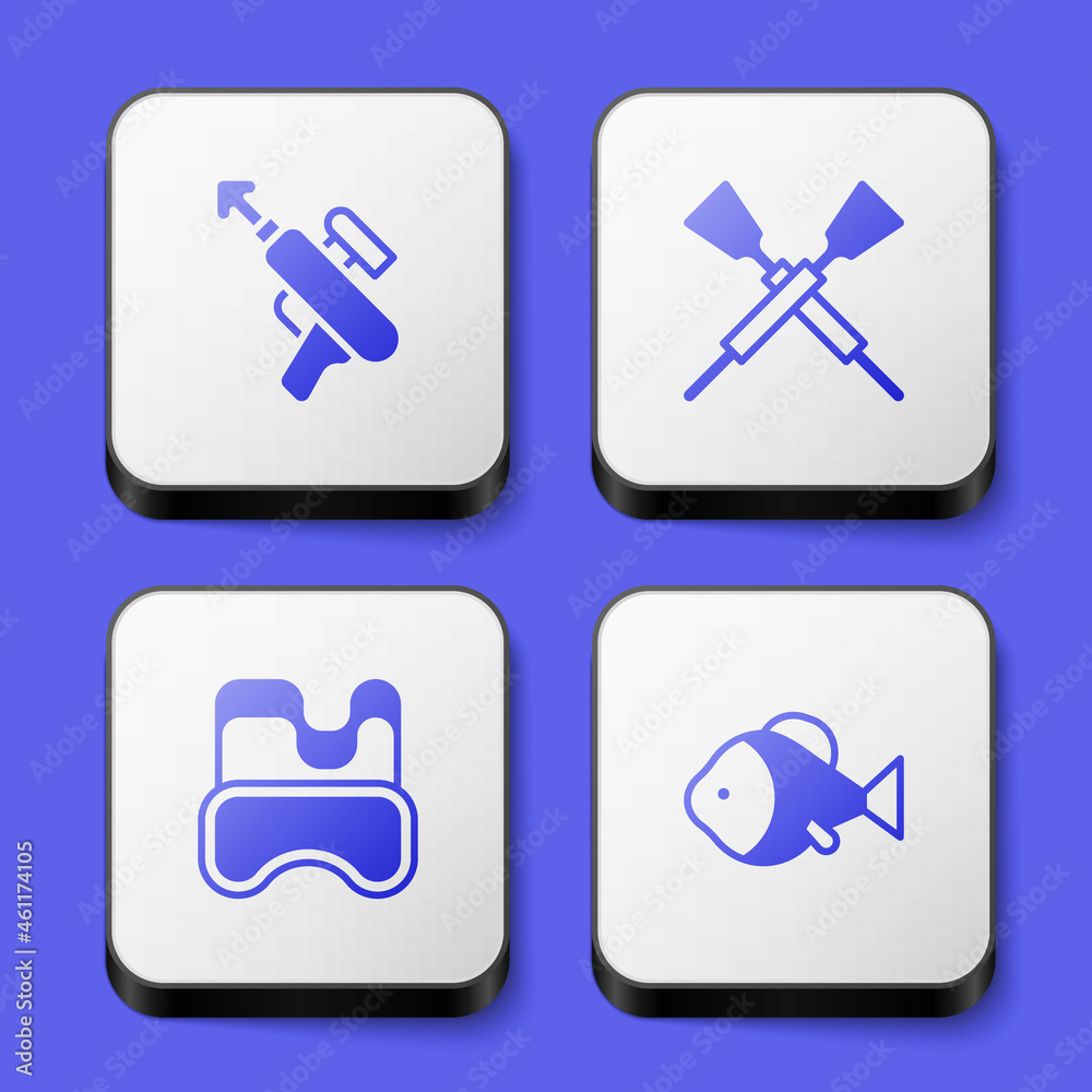 Set Fishing harpoon, Crossed oars or paddles boat, Diving mask and icon. White square button. Vector Set Fishing harpoon, Crossed oars or paddles boat, Diving mask and icon. White square button. Vector