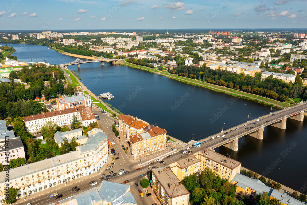 Bird's eye view of Tver, Russia. Savior Transfiguration Cathedral and Tver Regional Picture Gallery seen from above.