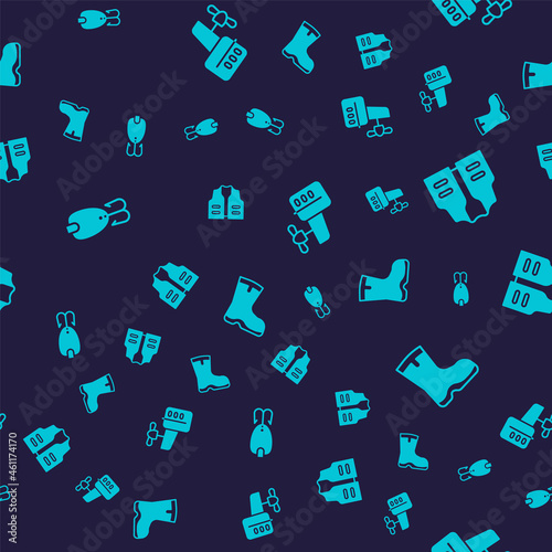 Set Fishing lure, jacket, Outboard boat motor and boots on seamless pattern. Vector