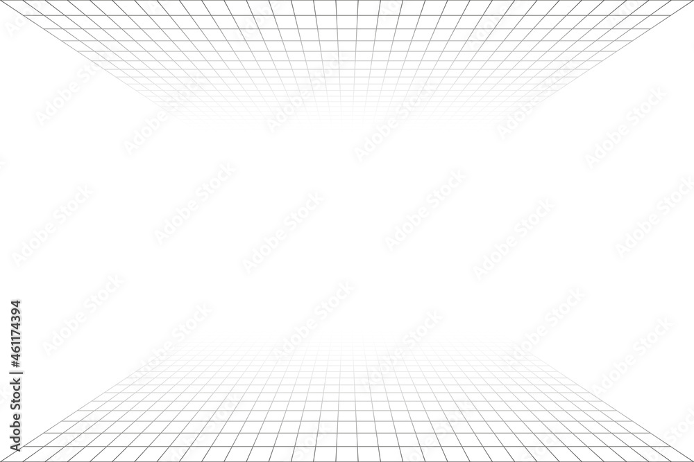 Grid perspective white room with gray wireframe background. Floor and celling. Digital cyber box technology model. Vector abstract architectural template Grid perspective white room with gray wireframe background. Floor and celling. Digital cyber box technology model. Vector abstract architectural template