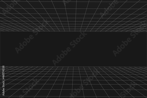 Grid perspective black room. Floor and celling. Gray wireframe background. Digital cyber box technology model. Vector abstract architectural template