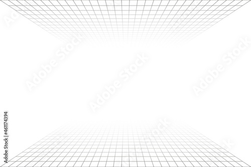 Grid perspective white room with gray wireframe background. Floor and celling. Digital cyber box technology model. Vector abstract architectural template
