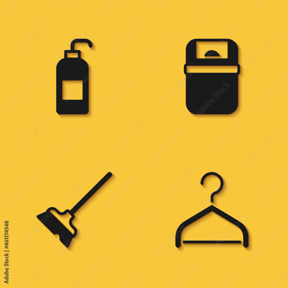 Set Antibacterial soap, Hanger wardrobe, Mop and Trash can icon with long shadow. Vector Set Antibacterial soap, Hanger wardrobe, Mop and Trash can icon with long shadow. Vector