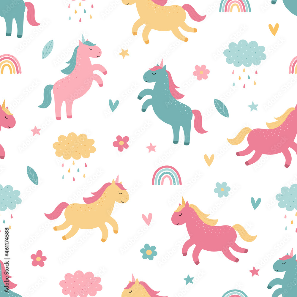 Cute colorful unicorns, rainbow, flower, cloud, rain. Seamless bright pattern. Vector children's illustration