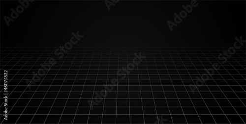 Grid perspective black room floor. Gray wireframe background. Digital cyber box technology model. Vector abstract architectural template