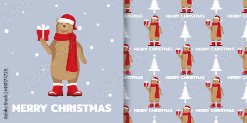 Christmas holiday season banner with Merry Christmas text and seamless pattern of a brown bear wear Santa hat hold a gift box on light gray background with Christmas tree. Vector illustration.
