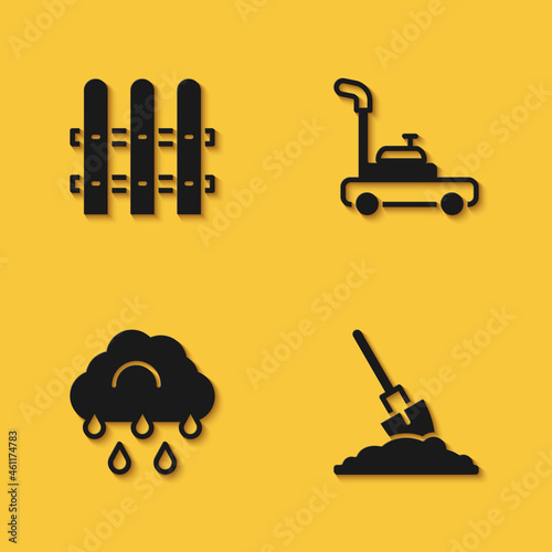 Set Garden fence wooden  Shovel in the ground  Cloud with rain and Lawn mower icon with long shadow. Vector