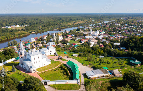 Aerial view of cathedral of the Annunciation and Klyazma river. Gorokhovets. Russia