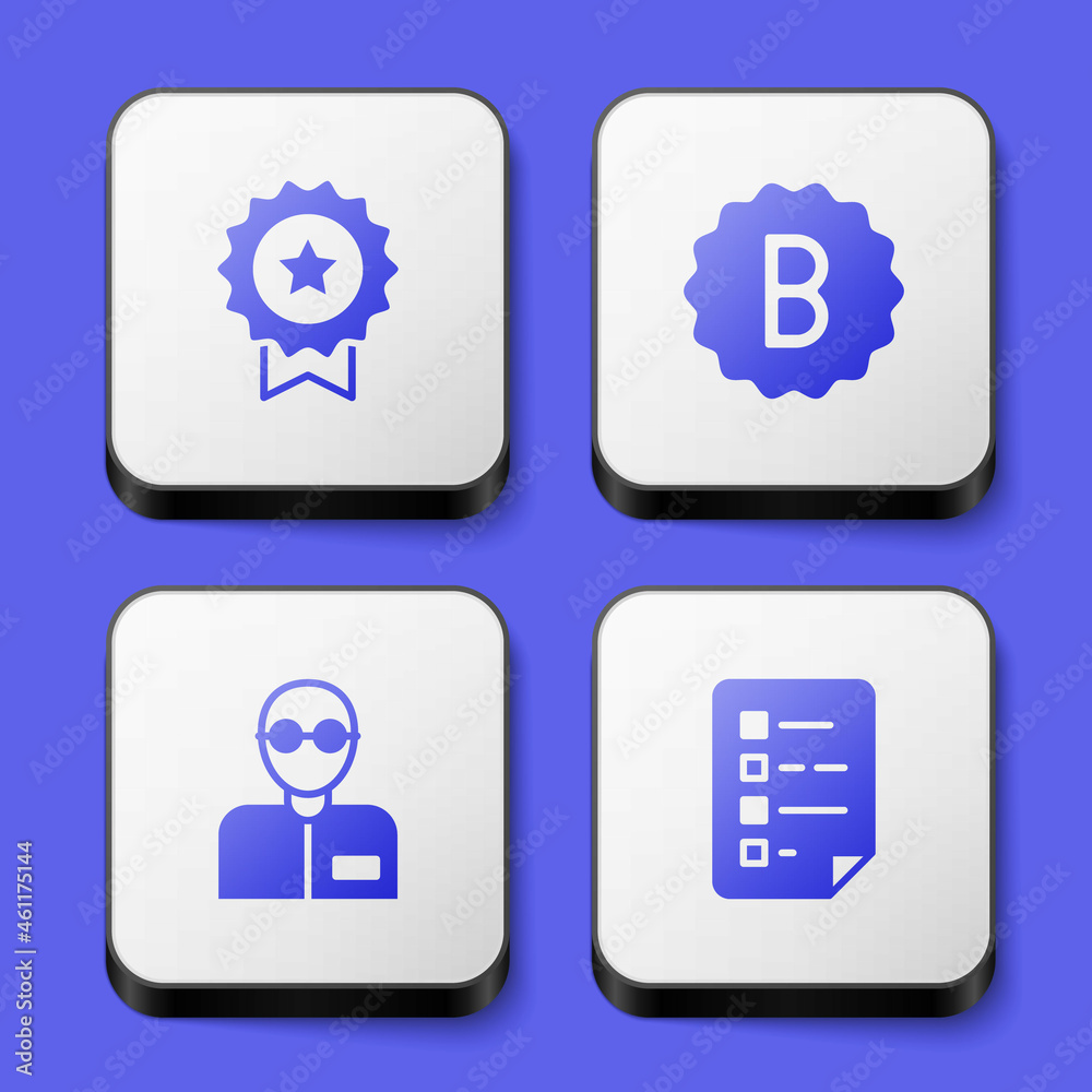 Set Medal with star, Exam paper incorrect answers, Teacher and Clipboard checklist icon. White square button. Vector Set Medal with star, Exam paper incorrect answers, Teacher and Clipboard checklist icon. White square button. Vector