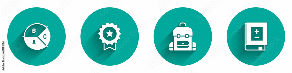 Set Pie chart infographic, Medal with star, School backpack and Book mathematics icon with long shadow. Vector Set Pie chart infographic, Medal with star, School backpack and Book mathematics icon with long shadow. Vector