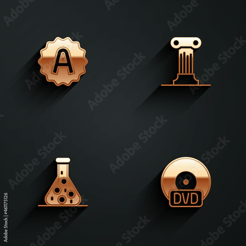 Set Exam sheet with A plus grade, Law pillar, Test tube and CD or DVD disk icon with long shadow. Vector