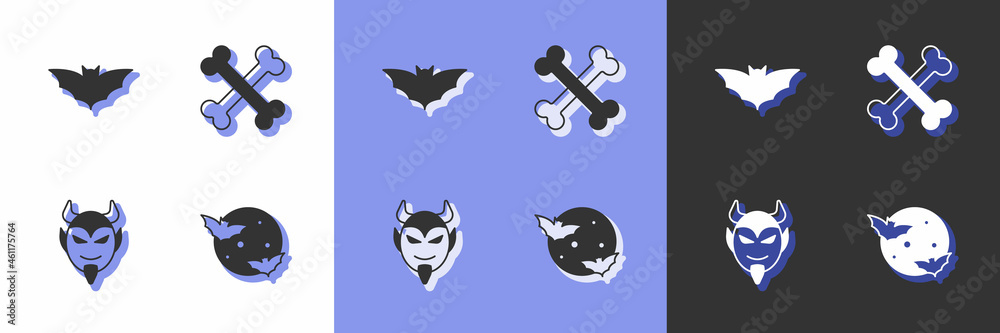 Fototapeta premium Set Moon and stars, Flying bat, Devil head and Crossed bones icon. Vector