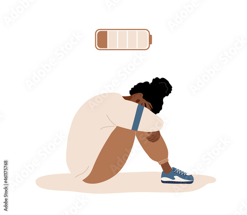 Emotional burnout. Sad african teenager with low battery sitting on floor and crying. Mental health problem. Deadline, stress and fatigue concept. Vector illustration in flat cartoon style.
