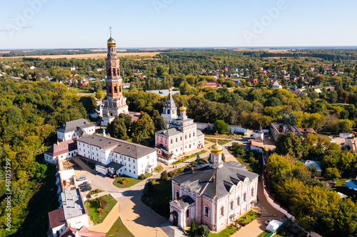 Drone view of the ancient St. John the Theologian Monastery on a warm September day, located in the Ryazan region in the ..village of Poshupovo, Russia