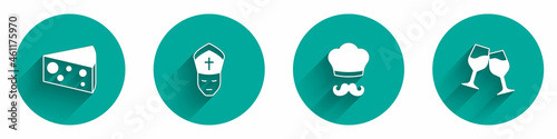 Set Cheese, Pope, Italian cook and Wine glass icon with long shadow. Vector