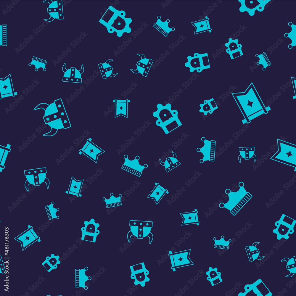 Set Viking in horned helmet, Medieval flag, throne and King crown on seamless pattern. Vector Set Viking in horned helmet, Medieval flag, throne and King crown on seamless pattern. Vector