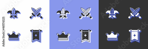 Set Medieval flag, Fleur de lys or lily flower, King crown and Crossed medieval sword icon. Vector