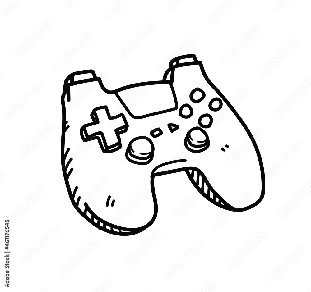 Videogame controller with analog joysticks, vector doodle drawing of a console game controller, isolated on white background. Videogame controller with analog joysticks, vector doodle drawing of a console game controller, isolated on white background.