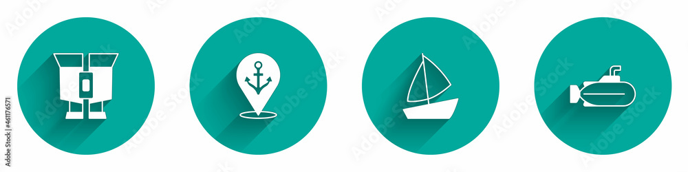 Set Binoculars, Location with anchor, Yacht sailboat and Submarine icon with long shadow. Vector Set Binoculars, Location with anchor, Yacht sailboat and Submarine icon with long shadow. Vector