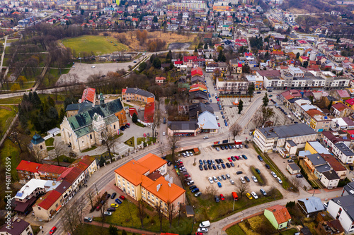 Aerial view of Krasnik town historical center with Cathedral and buildings, Poland photo