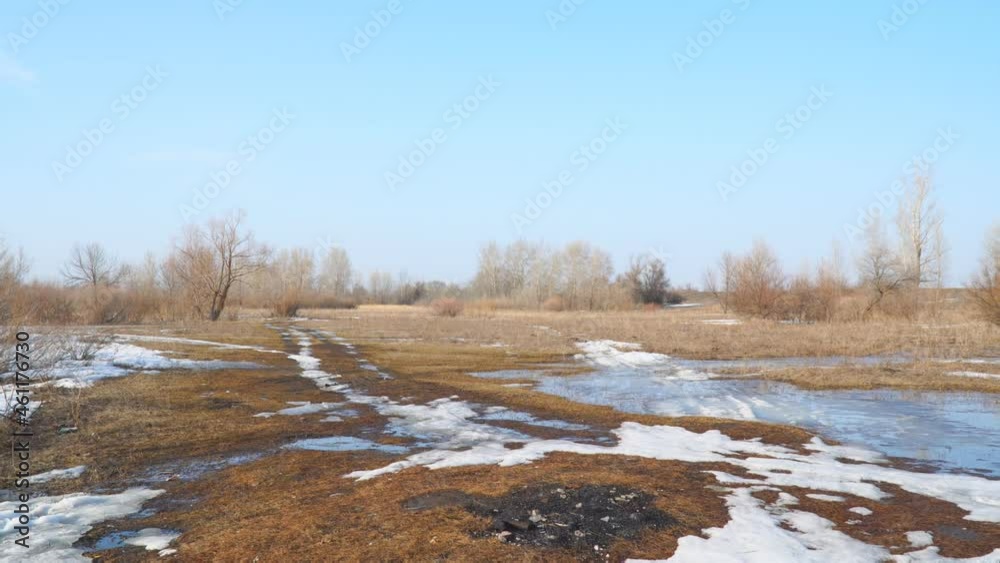 Dry grass in a spring field with the last snow in early spring against a blue sky