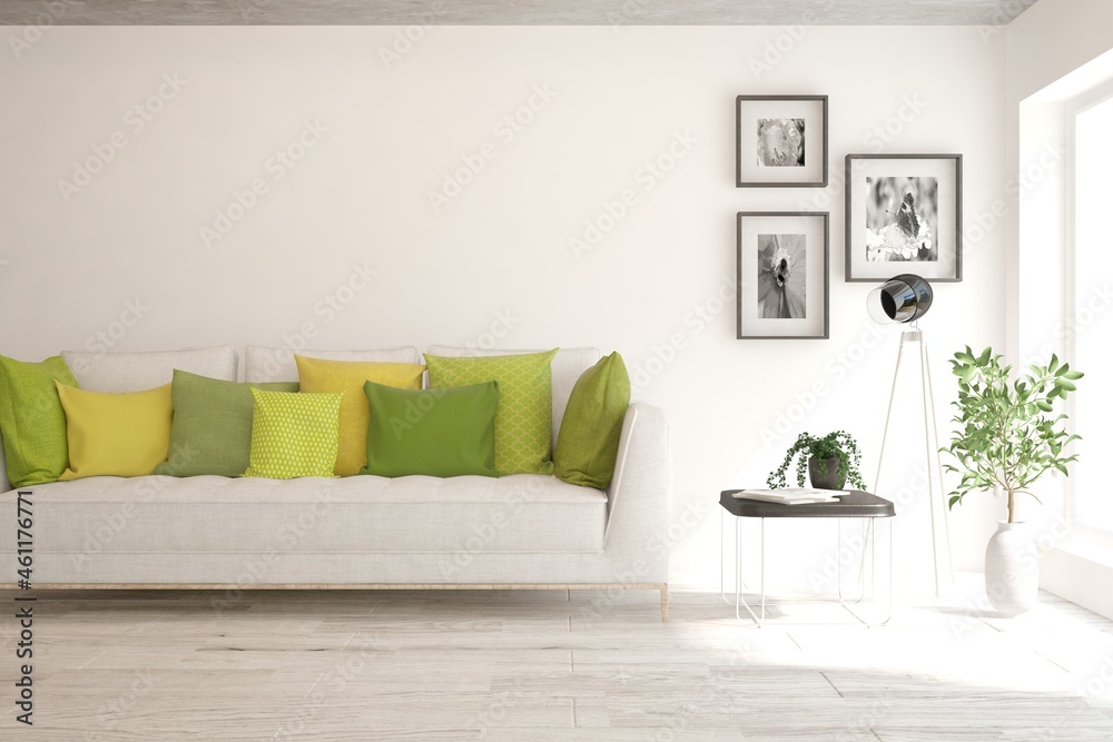Fototapeta premium White living room with sofa. Scandinavian interior design. 3D illustration
