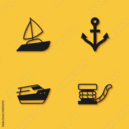 Set Yacht sailboat, Marine bollard with rope, Speedboat and Anchor icon with long shadow. Vector