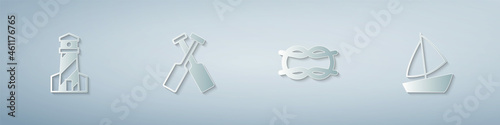 Set Lighthouse, Crossed oars or paddles boat, Nautical rope knots and Yacht sailboat. Paper art style. Vector