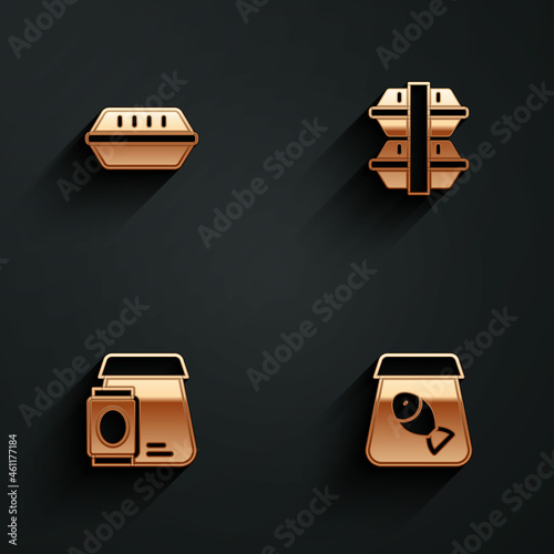 Set Lunch box, Online ordering food and fish icon with long shadow. Vector