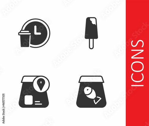 Set Online ordering fish, Round the clock delivery, food and Ice cream icon. Vector