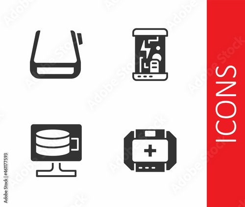 Set First aid kit, Smart glasses on spectacles, Cloud database and Cryogenic capsules icon. Vector