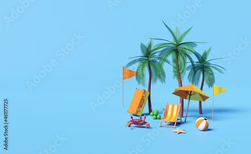 summer travel with suitcase,beach chair,umbrella,coconut,palm tree,crab, ball,flag,starfish isolated on blue background,concept 3d illustration or 3d render