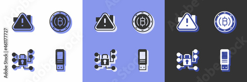 Set USB flash drive, Exclamation mark in triangle, Cyber security and Cryptocurrency coin Bitcoin icon. Vector