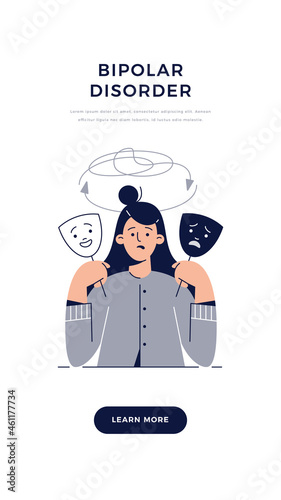 Bipolar disorder, Manic depression banner. Woman suffers from mood swings shows two face mask with happy and unhappy mood. Mental disorder, bipolar depression concept for web.Flat vector illustration