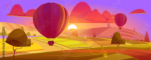 Hot air balloons flying above field or valley in purple sky with red clouds. Beautiful sunset scenery landscape view, ballon with basket flight travel, aerial tourism, Cartoon vector illustration