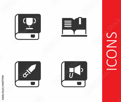 Set Book, about weapon and Open book icon. Vector