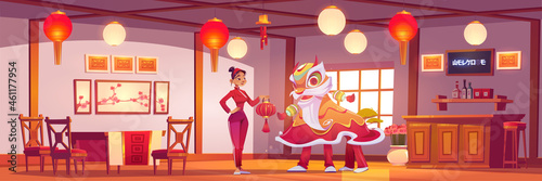 Waitress and New Year Lion in chinese restaurant. Vector cartoon illustration of china cafe with people in traditional carnival costume and girl with red asian lantern