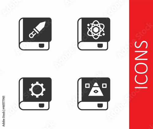 Set Ancient magic book, Book about weapon, User manual and physics icon. Vector