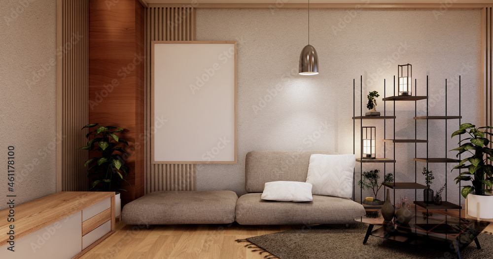 Fototapeta premium Modern japanese living room interior, sofa and cabinet table on room white wall background.3D rendering