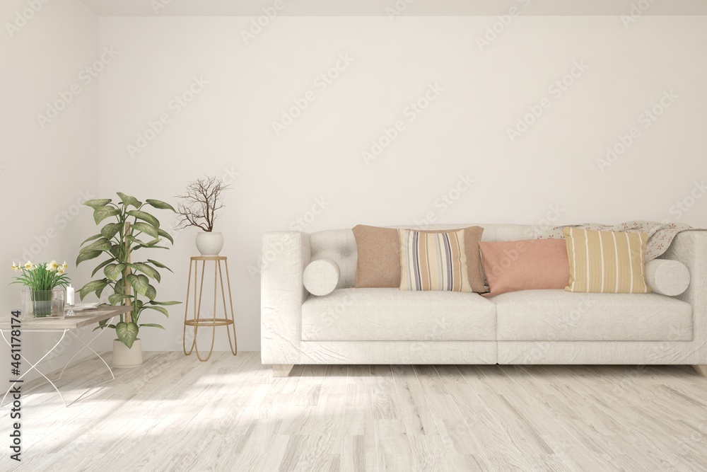 White living room with sofa. Scandinavian interior design. 3D illustration