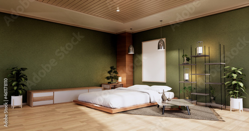 interior mock up with zen bed plant and decoartion in japanese green bedroom. 3D rendering.