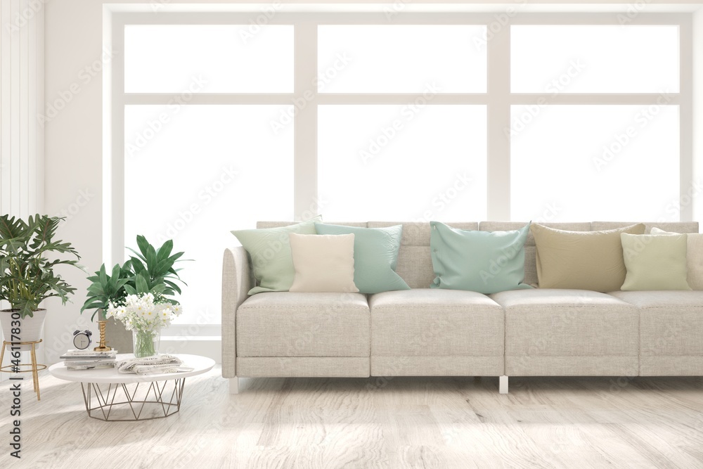 Fototapeta premium White living room with sofa. Scandinavian interior design. 3D illustration