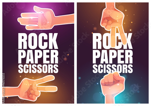 Rock, paper, scissors posters with palm and hands in fist and victory symbol. Vector banners of hand gesture game with cartoon illustration of human arms playing in gesturing game