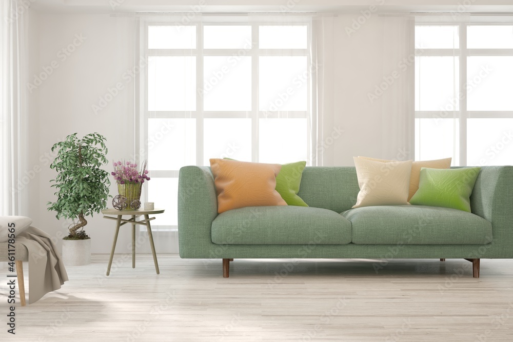 Obraz premium Modern living room in white color with sofa. Scandinavian interior design. 3D illustration