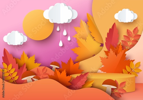 Orange round display podium mockup, paper cut fall red, yellow leaves. Autumn floral background for product ads, vector.