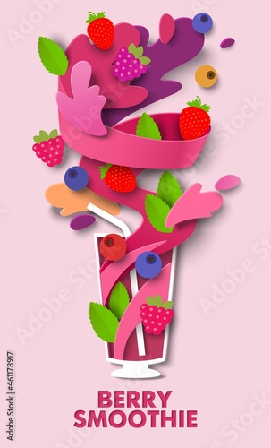 Glass of delicious mixed berry smoothie, vector paper cut illustration. Healthy fruit drink. Food rich in vitamins. © Siberian Art