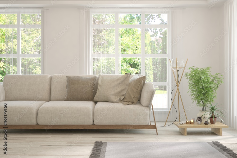 Fototapeta premium White living room with sofa and summer landscape in window. Scandinavian interior design. 3D illustration