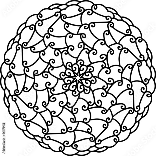 Mandala radiant starry doodle  line hand-drawn pattern coloring page book black and white art therapy relax psychology amazing curl