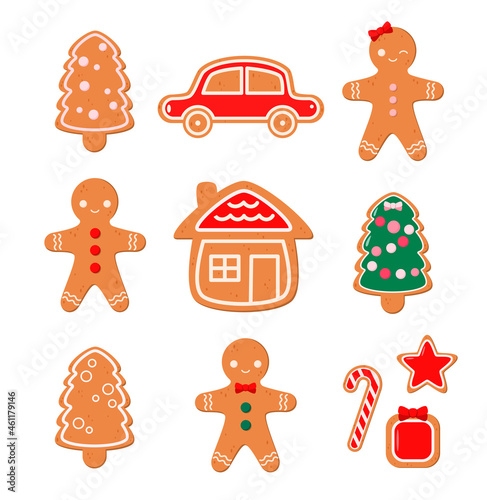A set of gingerbread cookies in cartoon style. Little men, a house, gifts, a car.