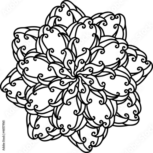 Mandala radiant starry doodle  line hand-drawn pattern coloring page book black and white art therapy relax psychology magnificent curl 